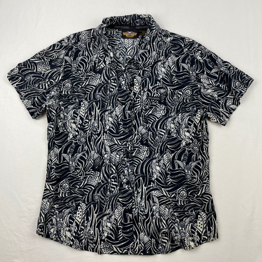 Harley Davidson Mens Black White Eagle Flag Rayon Button Up Shirt‎ Small 0093